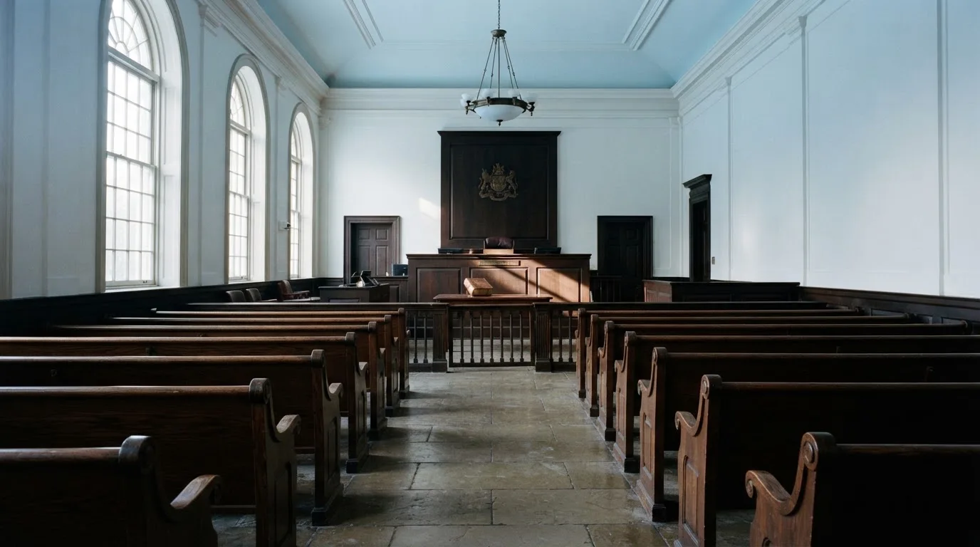 Una sala de tribunal vacía con bancos de madera a la luz de la mañana